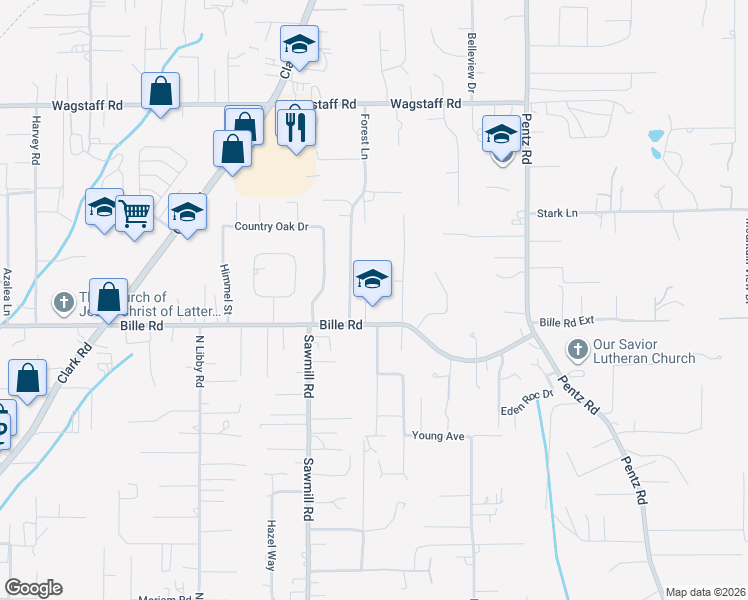 map of restaurants, bars, coffee shops, grocery stores, and more near 1573 Bille Road in Paradise