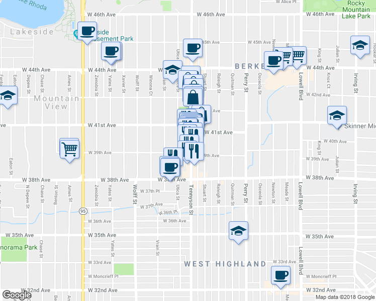 map of restaurants, bars, coffee shops, grocery stores, and more near 3901 Tennyson Street in Denver