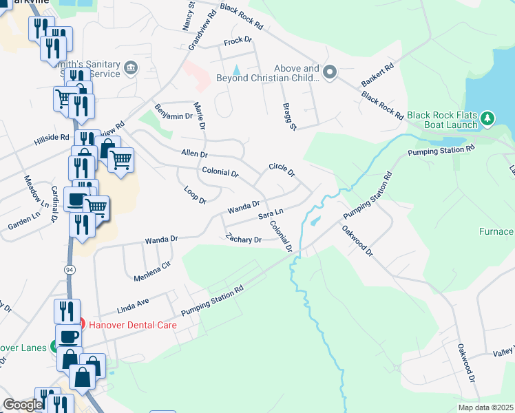 map of restaurants, bars, coffee shops, grocery stores, and more near 1268 Wanda Drive in Hanover