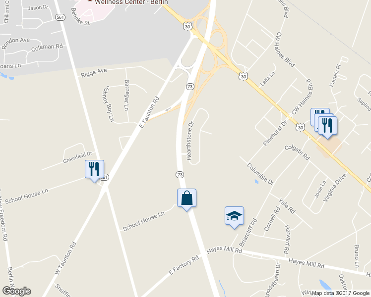 map of restaurants, bars, coffee shops, grocery stores, and more near 208 Hearthstone Drive in Berlin