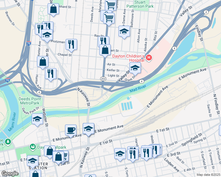 map of restaurants, bars, coffee shops, grocery stores, and more near in Dayton