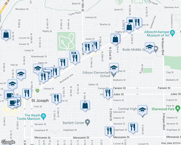 map of restaurants, bars, coffee shops, grocery stores, and more near 1852 Clay Street in Saint Joseph