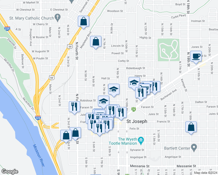 map of restaurants, bars, coffee shops, grocery stores, and more near 605 North 8th Street in Saint Joseph