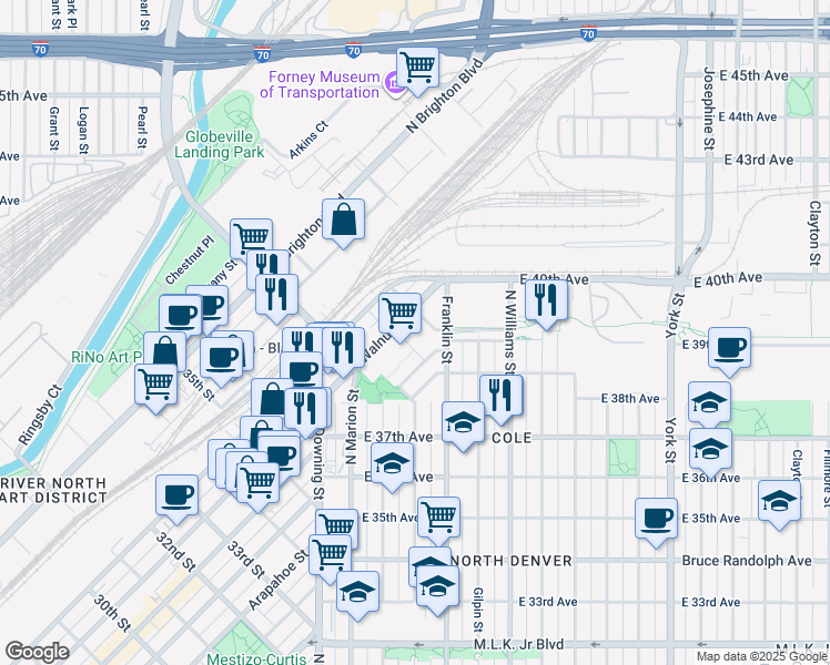 map of restaurants, bars, coffee shops, grocery stores, and more near 1350 40th Street in Denver
