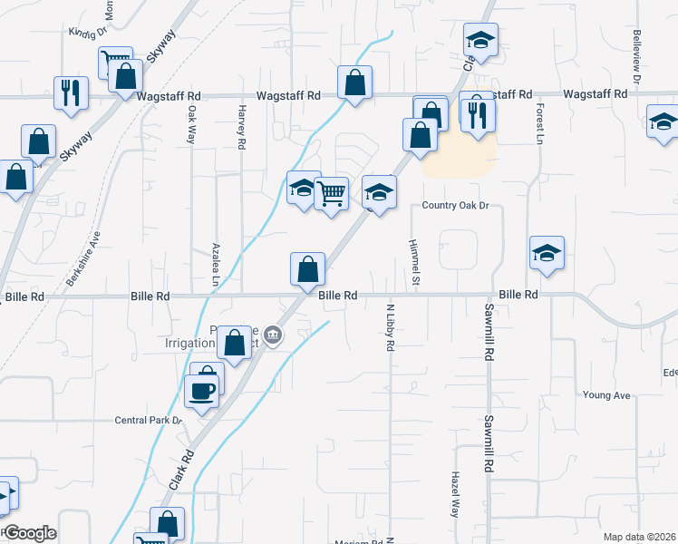 map of restaurants, bars, coffee shops, grocery stores, and more near 6432 Clark Road in Paradise