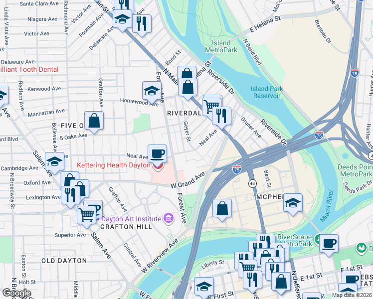 map of restaurants, bars, coffee shops, grocery stores, and more near 106 Neal Avenue in Dayton