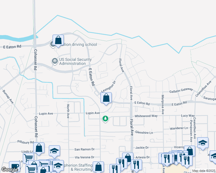 map of restaurants, bars, coffee shops, grocery stores, and more near 64 Lexington Drive in Chico