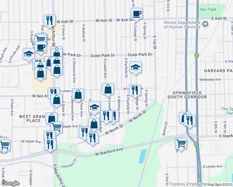 map of restaurants, bars, coffee shops, grocery stores, and more near 2609 South Whittier Avenue in Springfield