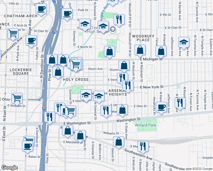 map of restaurants, bars, coffee shops, grocery stores, and more near 323 North Arsenal Avenue in Indianapolis