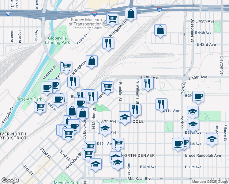 map of restaurants, bars, coffee shops, grocery stores, and more near 3844 Franklin Street in Denver