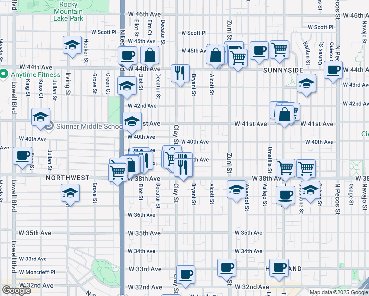 map of restaurants, bars, coffee shops, grocery stores, and more near 3921 Bryant Street in Denver