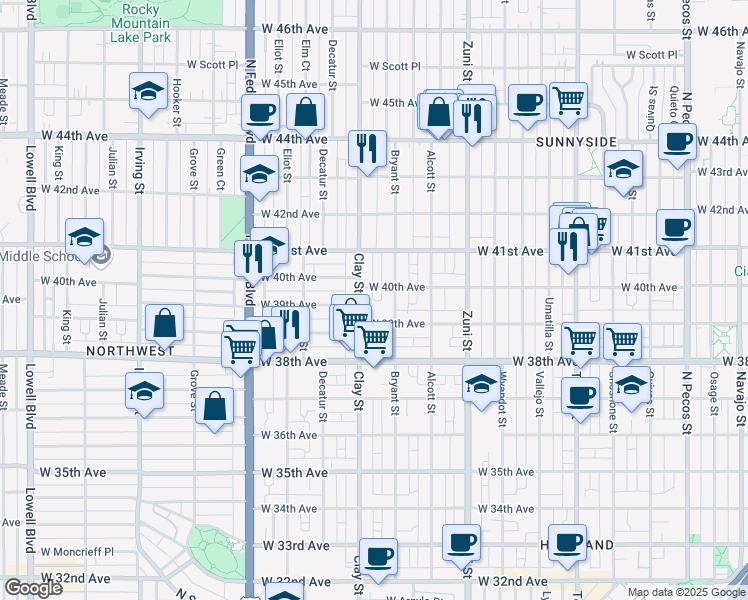 map of restaurants, bars, coffee shops, grocery stores, and more near 3921 Bryant Street in Denver