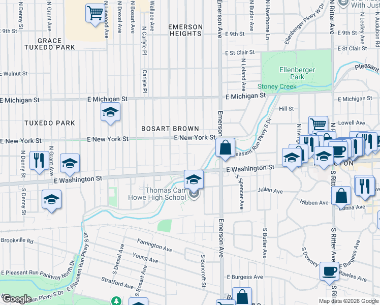 map of restaurants, bars, coffee shops, grocery stores, and more near 5040 East Pleasant Run Parkway North Drive in Indianapolis