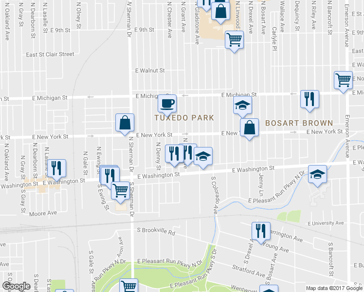 map of restaurants, bars, coffee shops, grocery stores, and more near 49 North Grant Avenue in Indianapolis