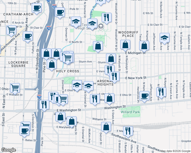 map of restaurants, bars, coffee shops, grocery stores, and more near 323 North Arsenal Avenue in Indianapolis