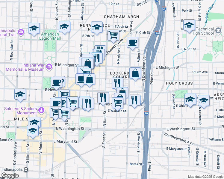 map of restaurants, bars, coffee shops, grocery stores, and more near 521 East New York Street in Indianapolis