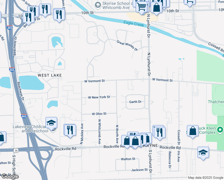 map of restaurants, bars, coffee shops, grocery stores, and more near 5520 West New York Street in Indianapolis