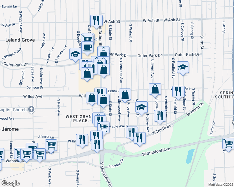 map of restaurants, bars, coffee shops, grocery stores, and more near 2612 South Glenwood Avenue in Springfield