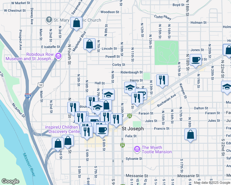 map of restaurants, bars, coffee shops, grocery stores, and more near 608 North 9th Street in Saint Joseph