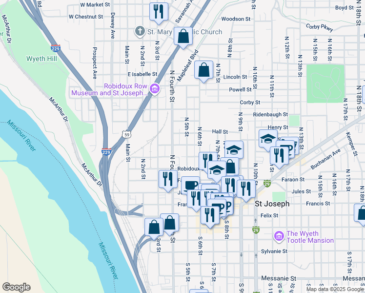 map of restaurants, bars, coffee shops, grocery stores, and more near 603 North 5th Street in Saint Joseph