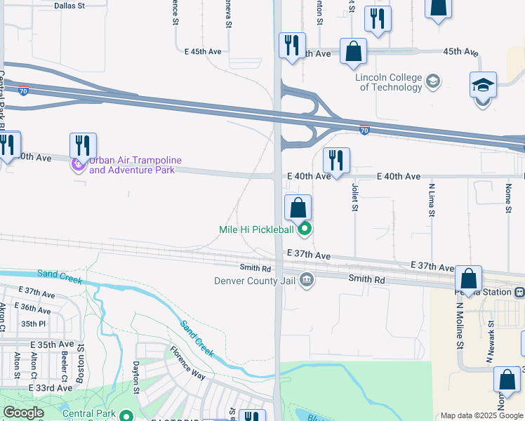 map of restaurants, bars, coffee shops, grocery stores, and more near 3801 North Havana Way in Denver