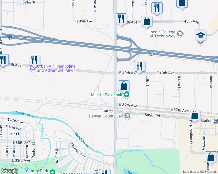 map of restaurants, bars, coffee shops, grocery stores, and more near 3801 North Havana Way in Denver