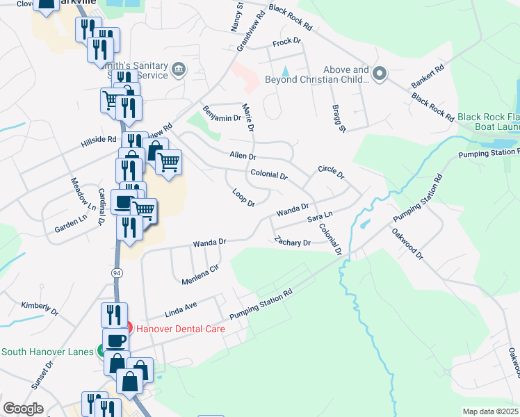 map of restaurants, bars, coffee shops, grocery stores, and more near 23 Loop Drive in Hanover