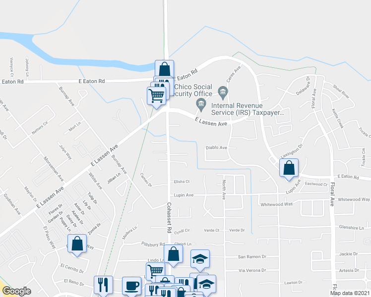 map of restaurants, bars, coffee shops, grocery stores, and more near 962 Kovak Court in Chico