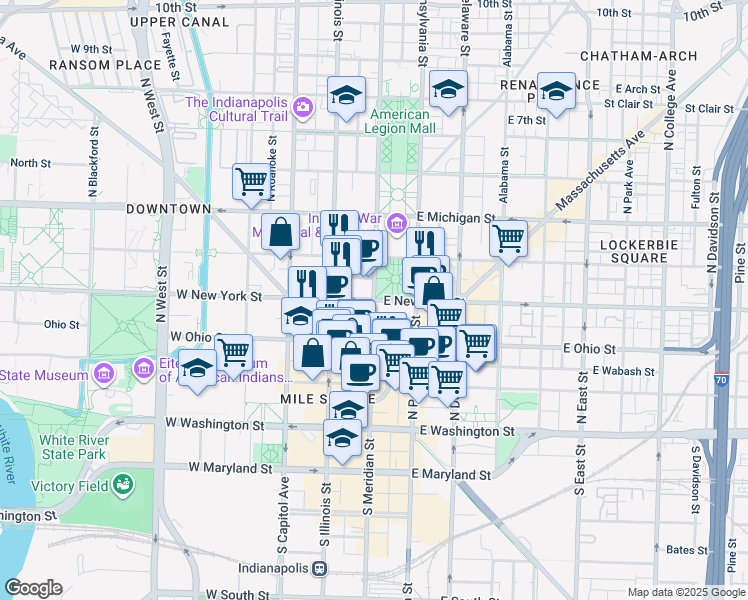map of restaurants, bars, coffee shops, grocery stores, and more near 301 North Meridian Street in Indianapolis