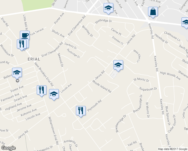 map of restaurants, bars, coffee shops, grocery stores, and more near 1227 Jarvis Road in Sicklerville