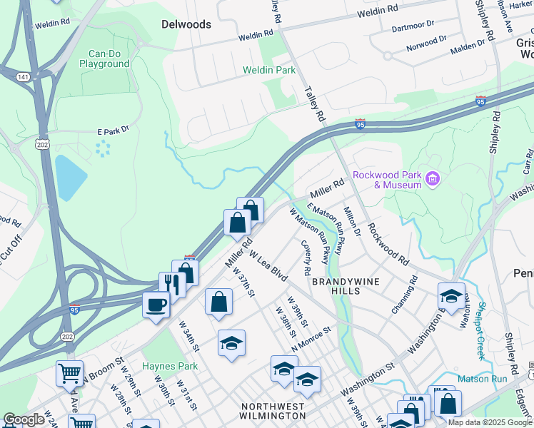 map of restaurants, bars, coffee shops, grocery stores, and more near 4315 Miller Road in Wilmington