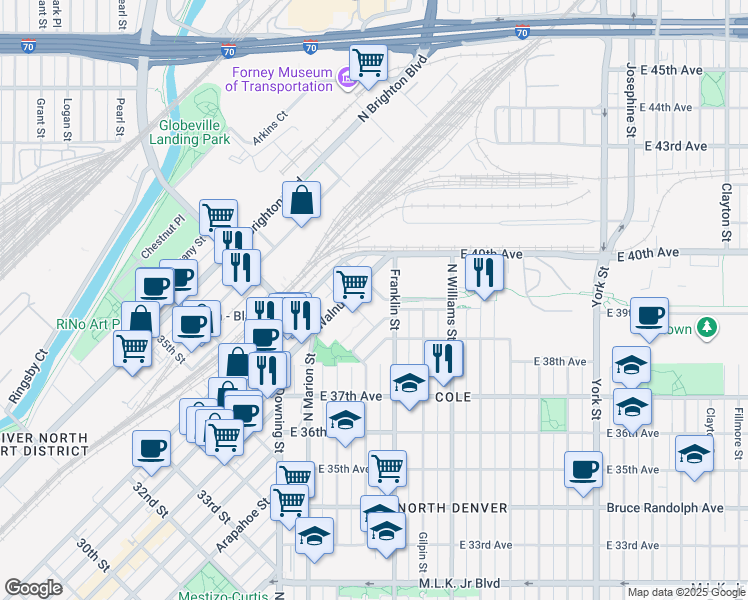 map of restaurants, bars, coffee shops, grocery stores, and more near 1350 40th Street in Denver