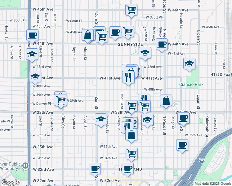 map of restaurants, bars, coffee shops, grocery stores, and more near 3926 Vallejo Street in Denver