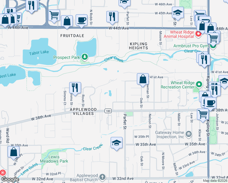 map of restaurants, bars, coffee shops, grocery stores, and more near 3905 Pierson Street in Wheat Ridge