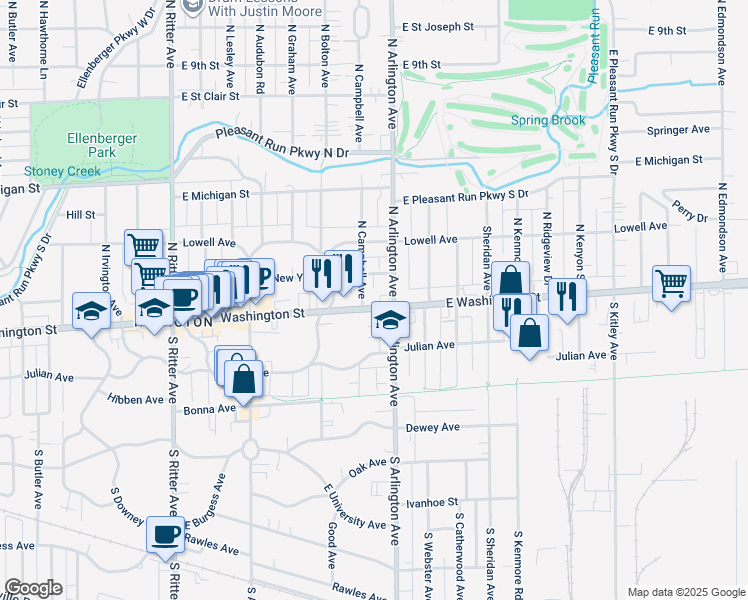 map of restaurants, bars, coffee shops, grocery stores, and more near 5914 East Washington Street in Indianapolis
