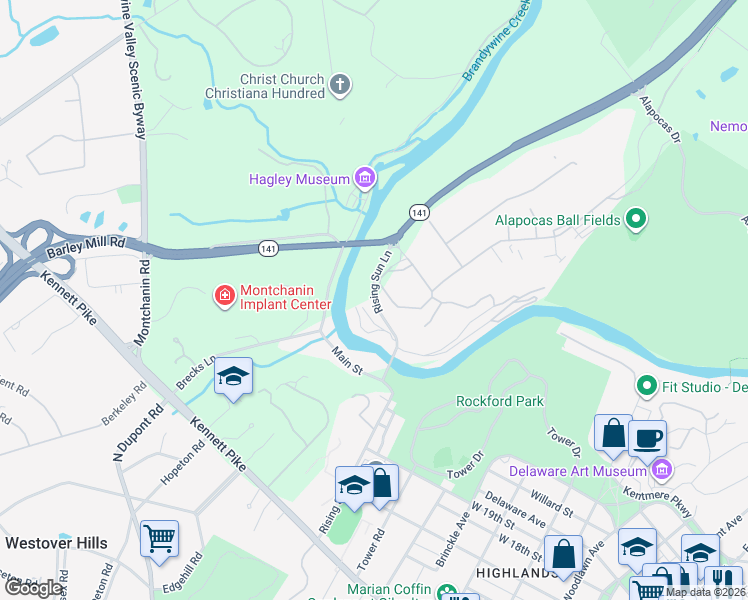 map of restaurants, bars, coffee shops, grocery stores, and more near New Bridge Road in Wilmington