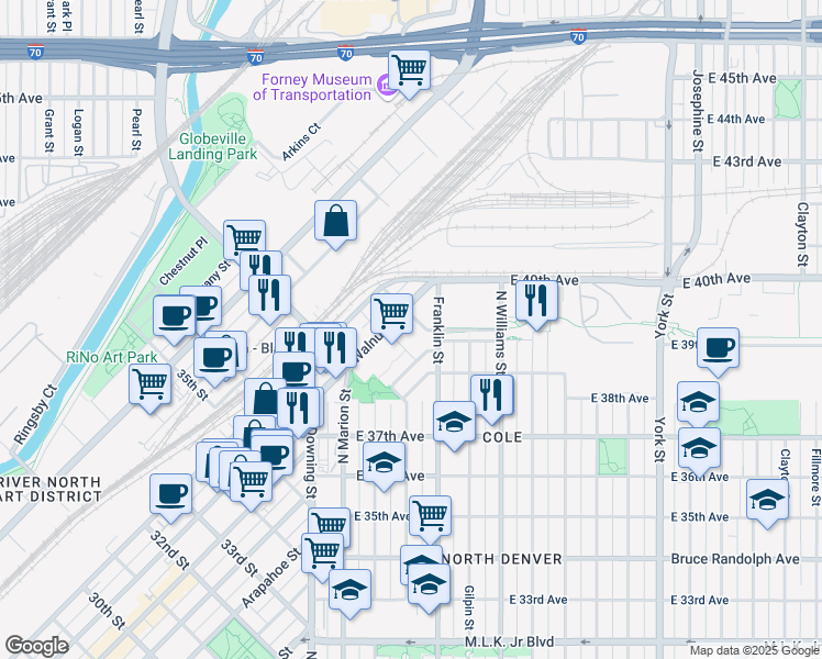 map of restaurants, bars, coffee shops, grocery stores, and more near 3825 North Lafayette Street in Denver