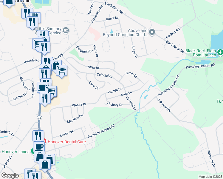 map of restaurants, bars, coffee shops, grocery stores, and more near 1311 Wanda Drive in Hanover
