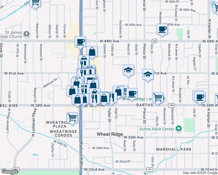 map of restaurants, bars, coffee shops, grocery stores, and more near 3885 Upham Street in Wheat Ridge