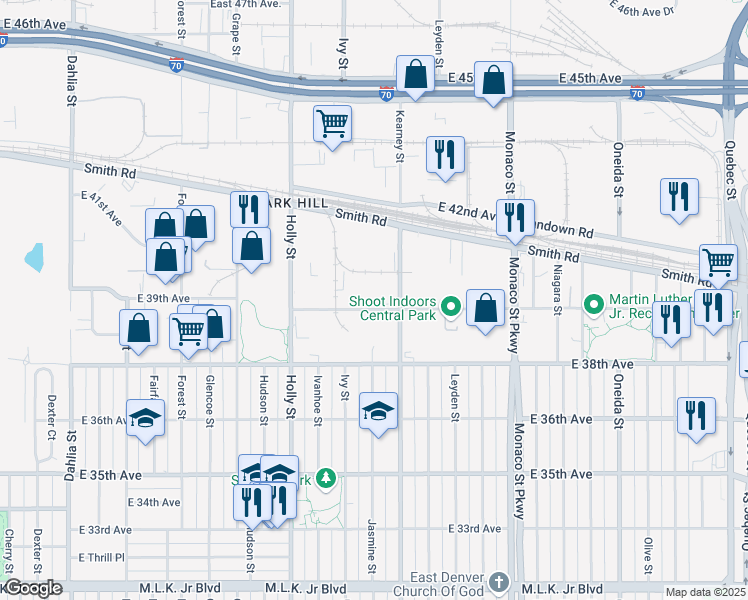 map of restaurants, bars, coffee shops, grocery stores, and more near 5965 East 39th Avenue in Denver