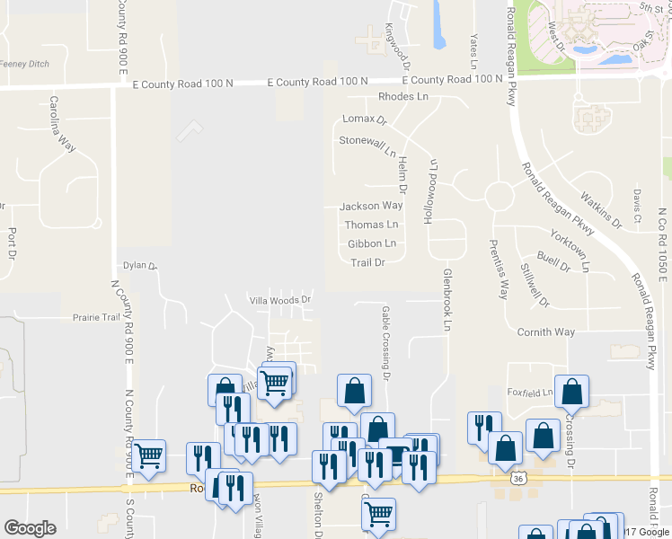 map of restaurants, bars, coffee shops, grocery stores, and more near 9643 Trail Drive in Avon
