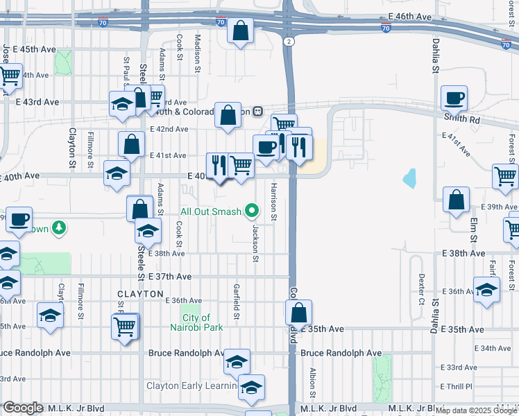 map of restaurants, bars, coffee shops, grocery stores, and more near 3899 Jackson Street in Denver