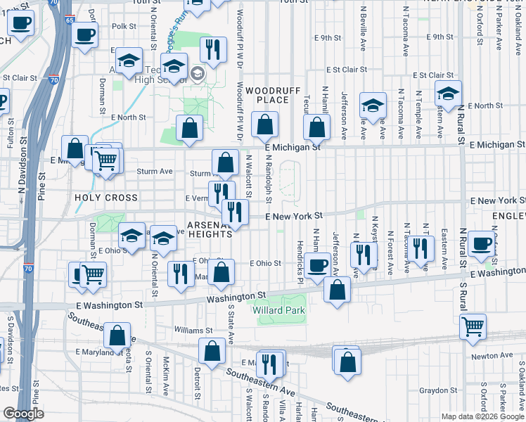 map of restaurants, bars, coffee shops, grocery stores, and more near in Indianapolis