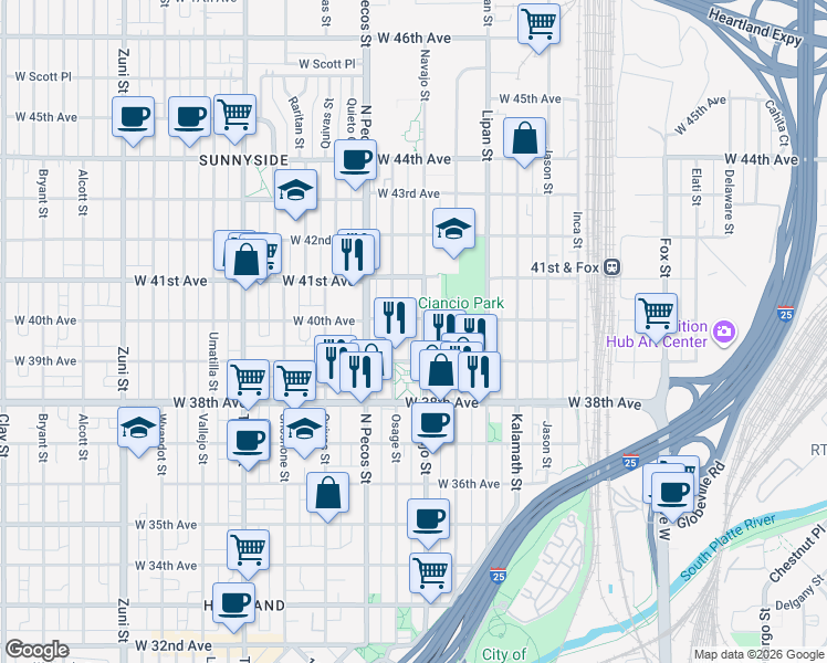 map of restaurants, bars, coffee shops, grocery stores, and more near 3917 Navajo Street in Denver