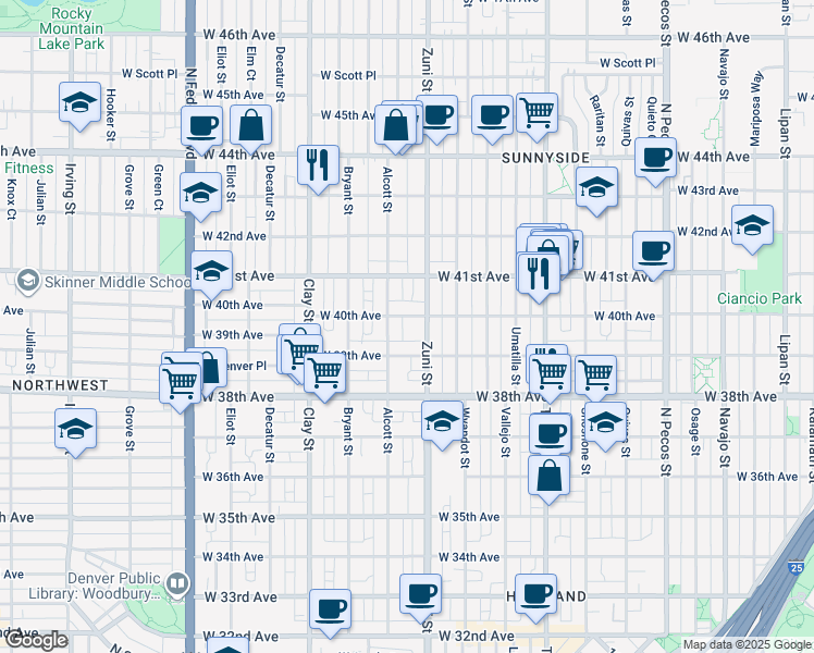 map of restaurants, bars, coffee shops, grocery stores, and more near 3937 Zuni Street in Denver