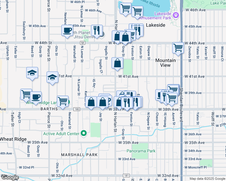 map of restaurants, bars, coffee shops, grocery stores, and more near 3887 North Harlan Street in Wheat Ridge