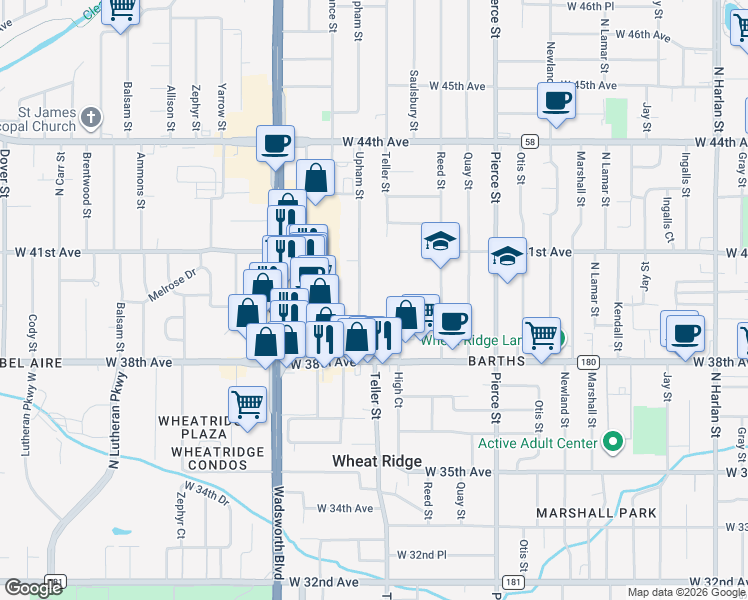 map of restaurants, bars, coffee shops, grocery stores, and more near 3885 Upham Street in Wheat Ridge