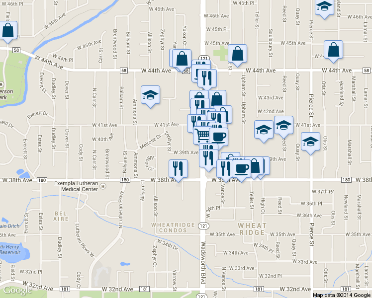 map of restaurants, bars, coffee shops, grocery stores, and more near 7720 West 39th Avenue in Wheat Ridge