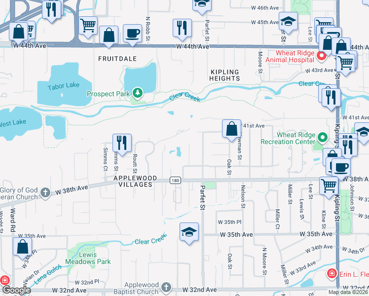 map of restaurants, bars, coffee shops, grocery stores, and more near 3905 Pierson Street in Wheat Ridge