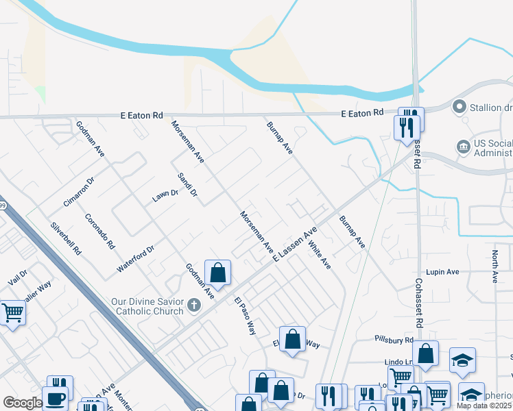 map of restaurants, bars, coffee shops, grocery stores, and more near 2922 Morseman Avenue in Chico